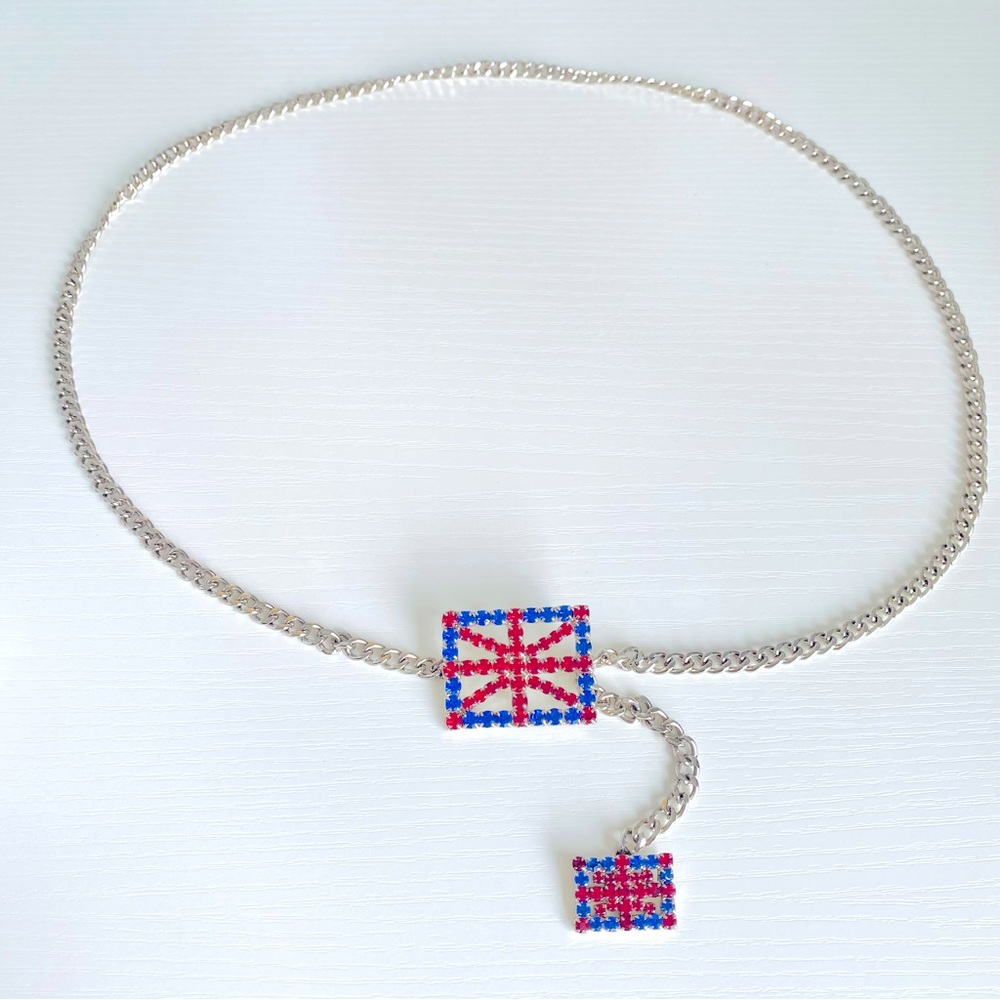 Silver tone Chain Belt with UK Flag Red and Blue Rhinestones Buckle 🇬🇧 New!